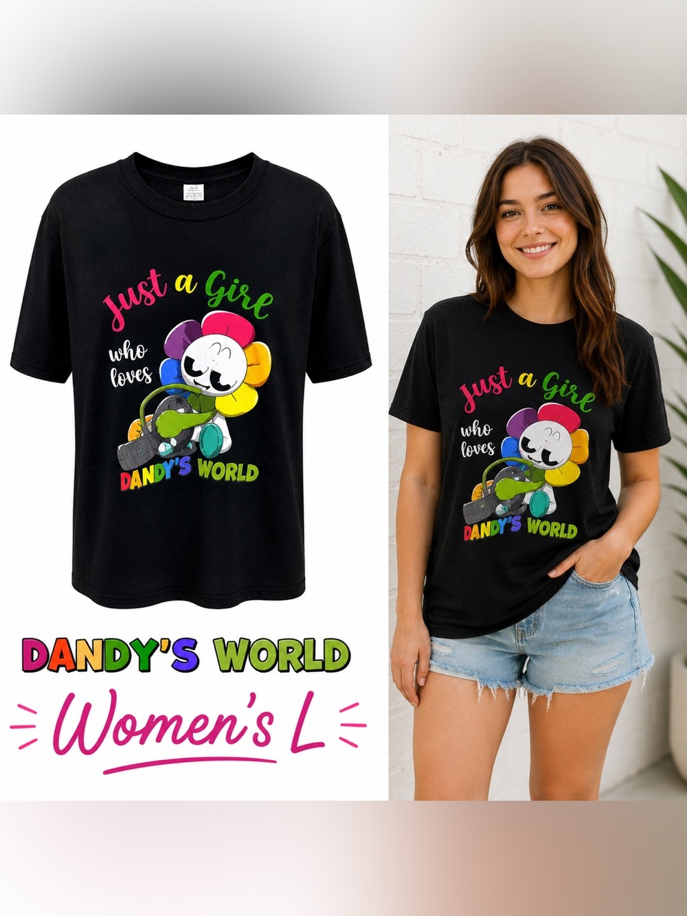 Dandy's World Women's Black Graphic Tee - 'Just a Girl' Flower Print Womens L